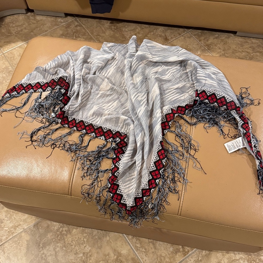 Gray and Red Fringed Shawl